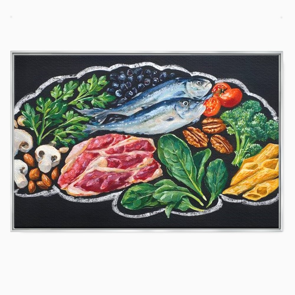 Tablou canvas cu pictura cu alimente variate pe fundal negru, in rama de aluminiu argintiu